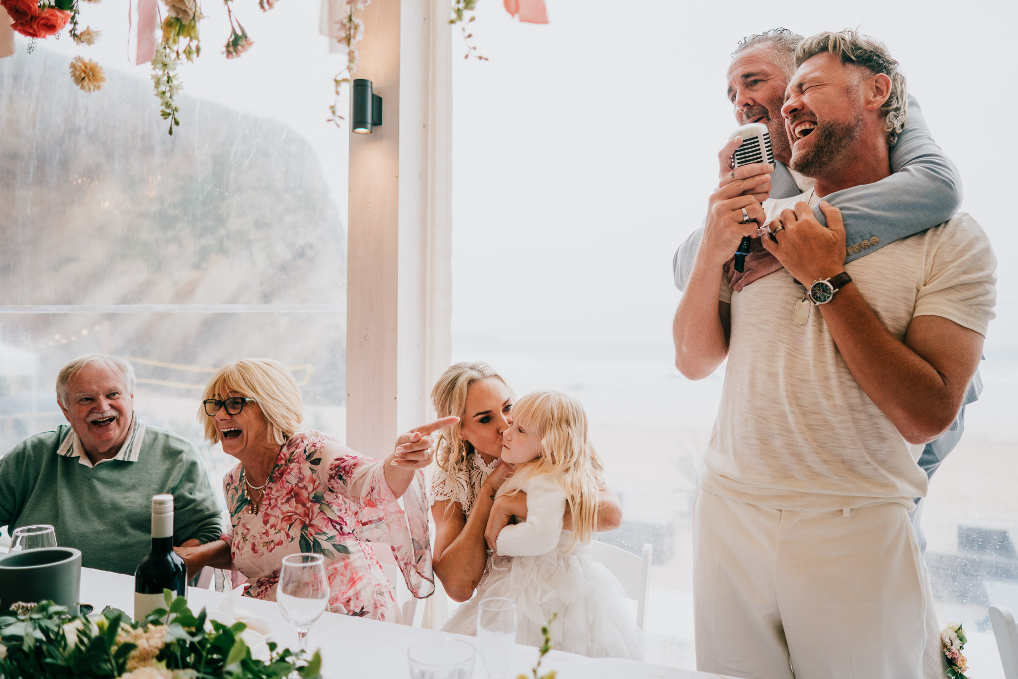 Brian McFadden singing at his wedding to Danielle at Lusty Glaze Beach, Cornwall.