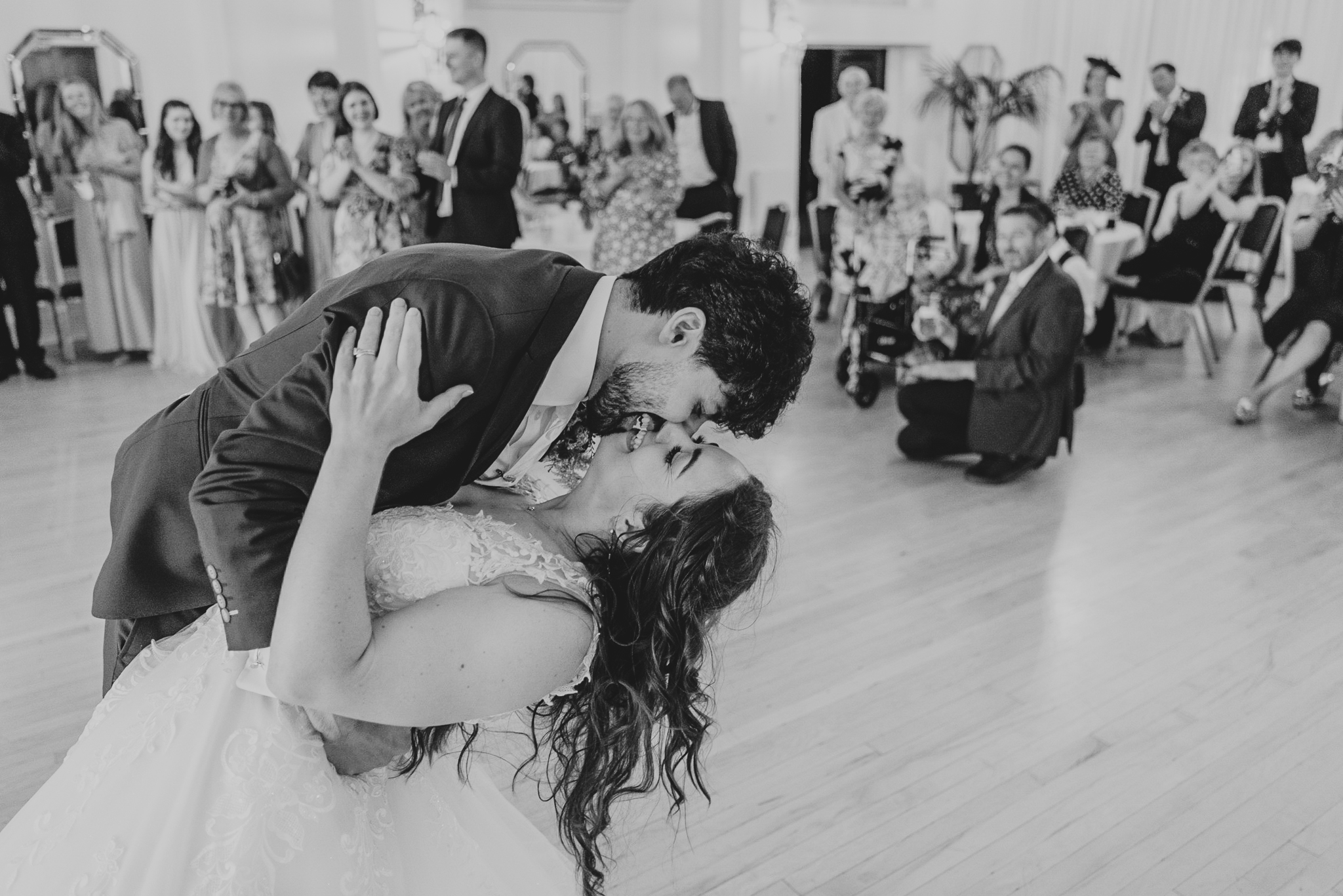 Bride and groom doing a dip during their First Dance at The Atlantic Hotel, Cornwall.