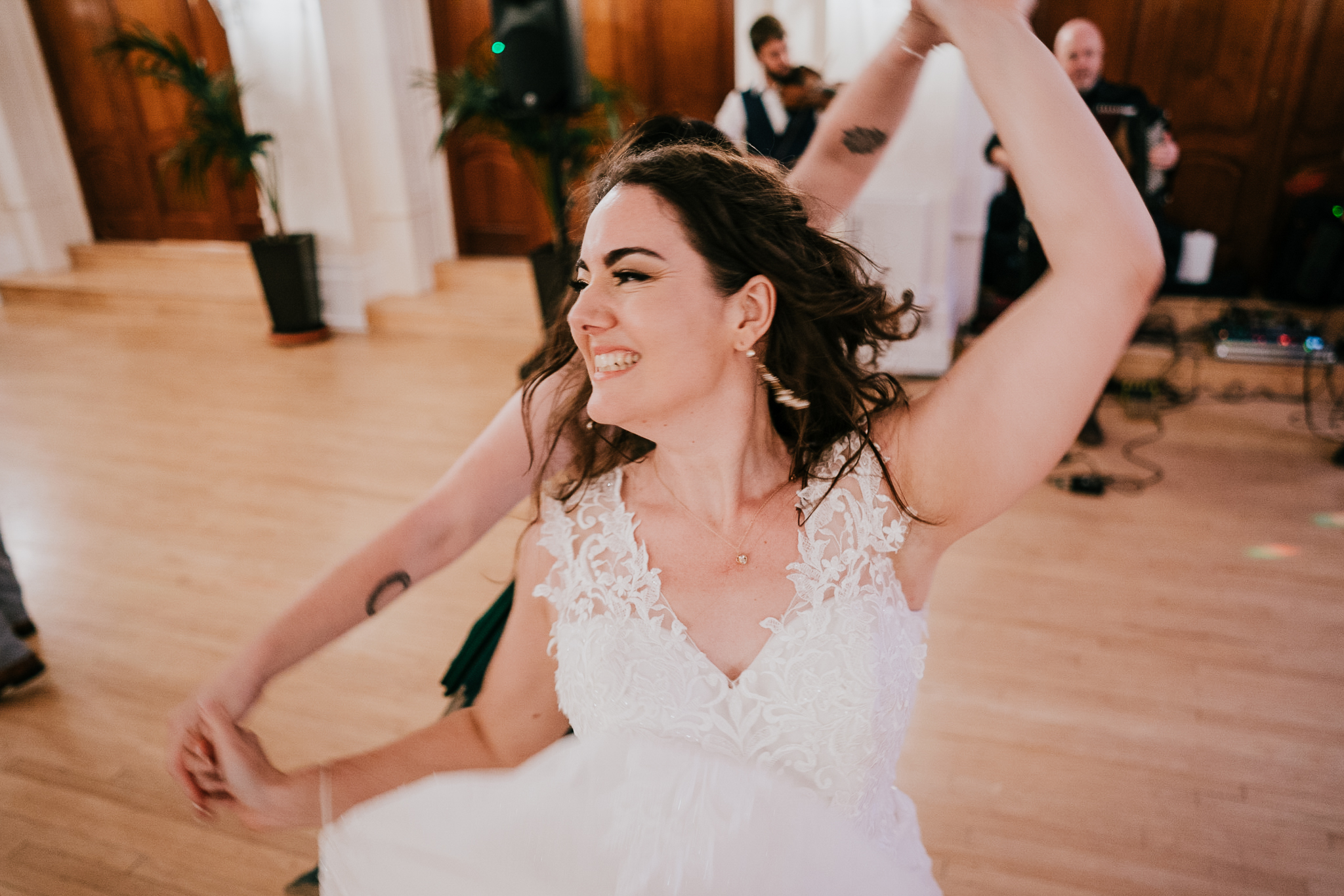 Close up shot of the bride spinning and dancing at The Atlantic Hotel, Newquay.