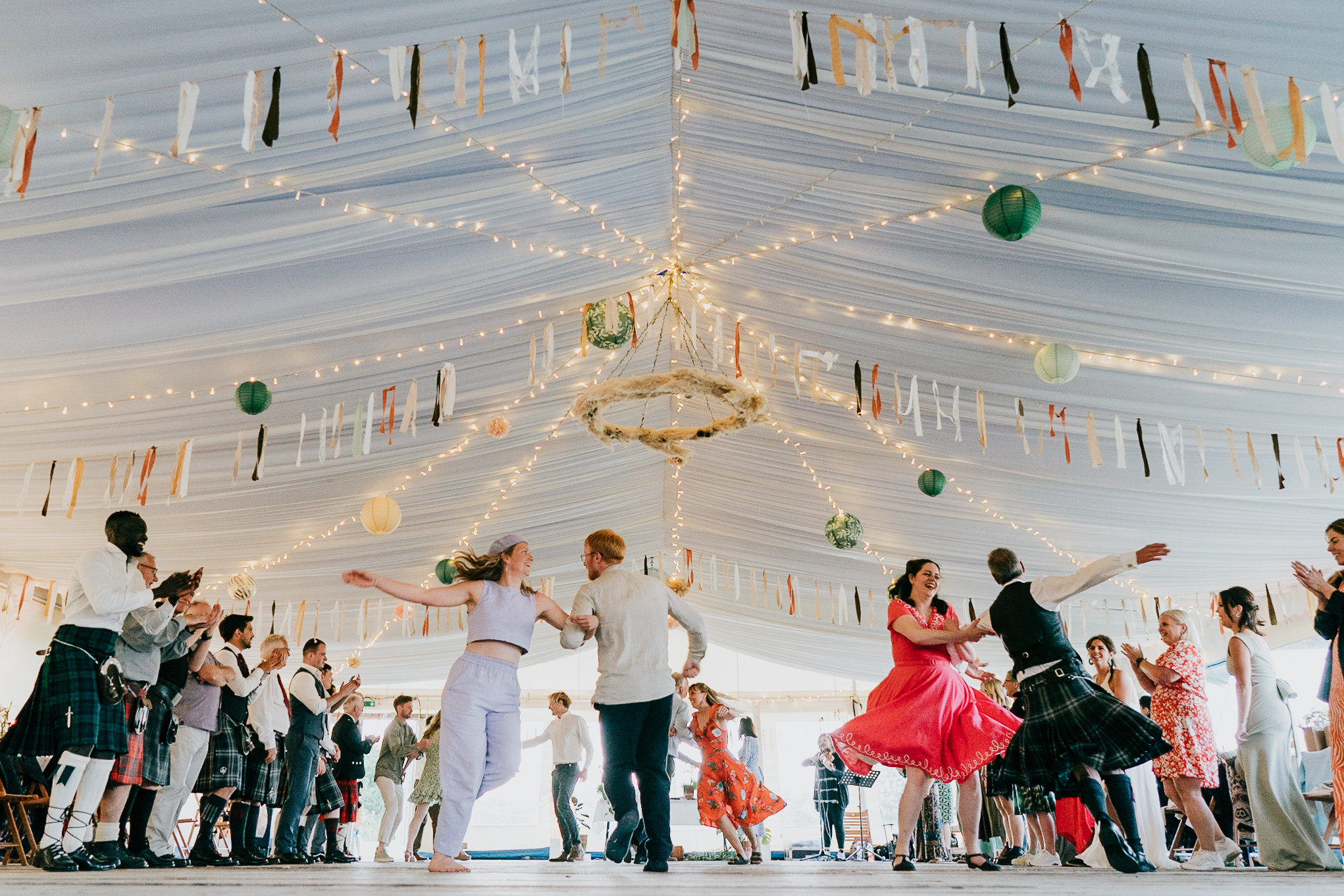 cornish-tipi-weddings-photographer 10 – Alan Law Photography During a ceilidh at Cornish Tipi Weddings, guests dance and swing each other around.