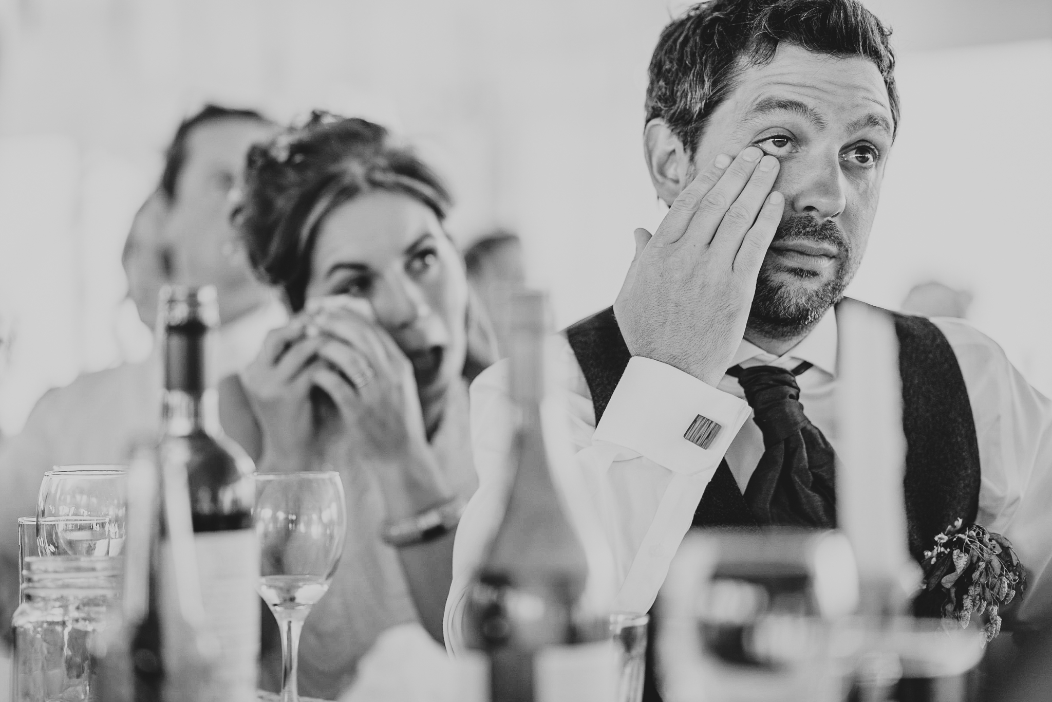 cornish-tipi-weddings-photographer 8 – Alan Law Photography Both the bride and groom wipe their eyes during emotional speeches at Cornish Tipi Weddings.