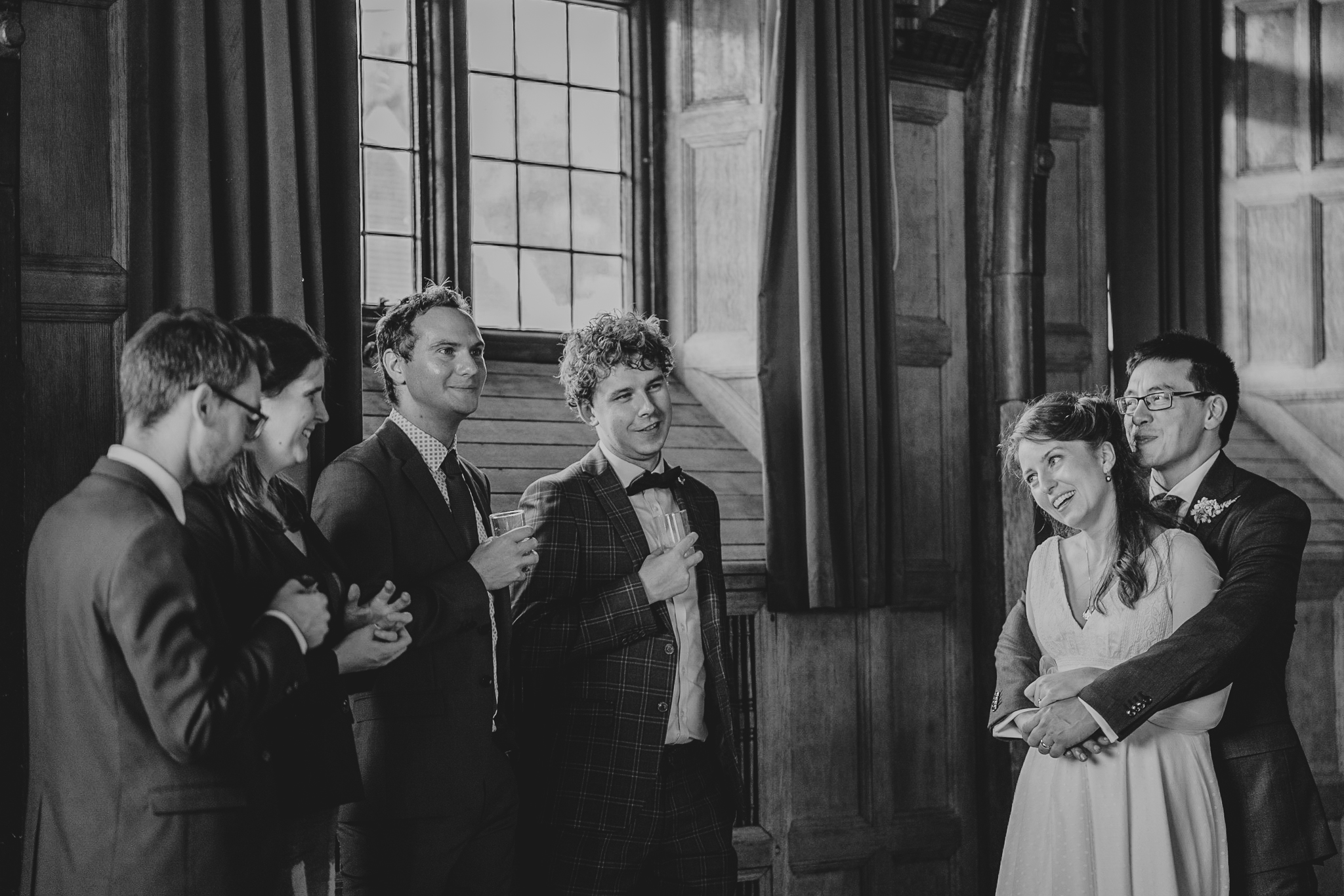 lynton-town-hall-wedding-photographer 7 – Alan Law Photography Penny and Greg chat to wedding guests at Lynton Town Hall