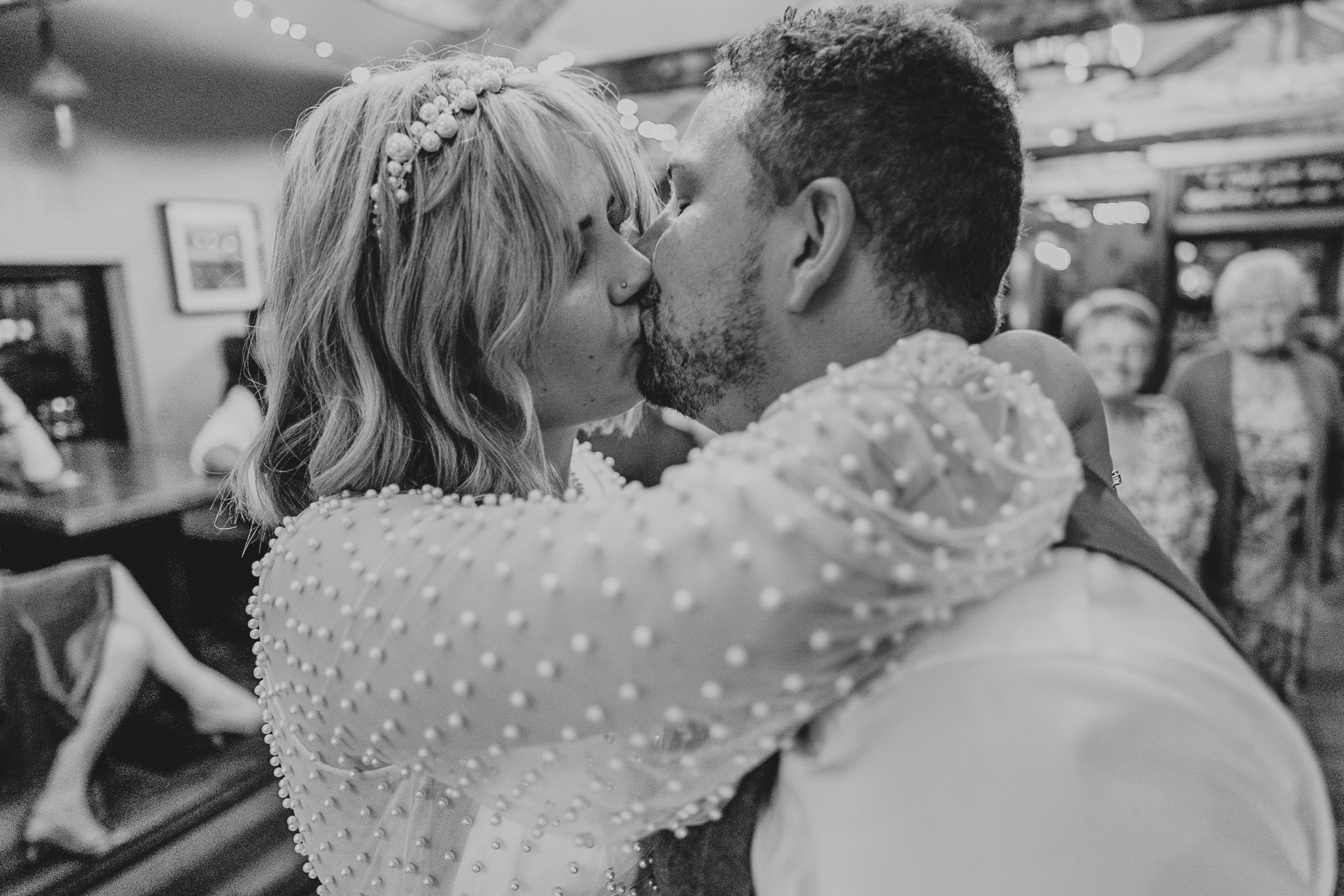pengersick-castle-wedding-photographer 10 – Alan Law Photography Katie and Keith share a kiss during their First Dance at The Chain Locker.