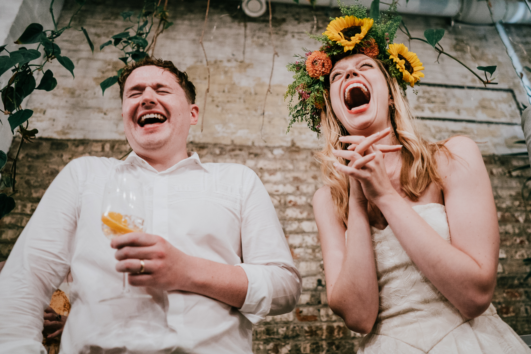 A close-up speech reaction from Joel & Louisa, during the speeches at The Hackney.
